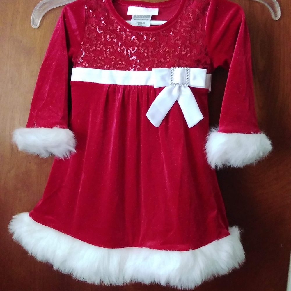 Bonnie Baby Red Velour Sequin Sparkle Fur Trim dress size 18m